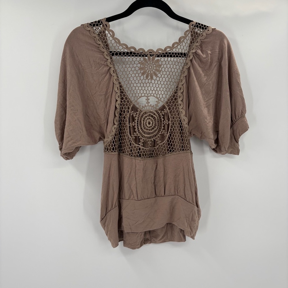 Wet Seal festival Crochet Lace Boho Top Beige Sheer Festival Blouse size large